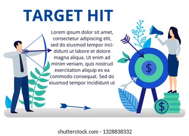 Business concept, target hit in flat style. Successful leader gives advice to the employee. People working hard for better future. Illustration for web banners and brochures.
