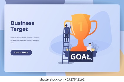 Business Concept For Business Target. Reach The Target Of Business. With Stair And Trophy. Direction To Success, Finance Growth Vision, Achievement Award, Landing Page. Vector Illustration