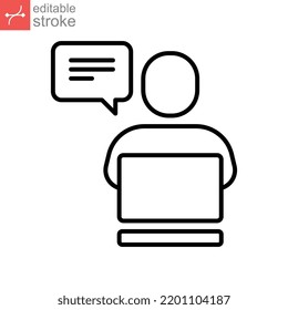 Icono de línea de asistente de equipo de concepto de negocio. Usuario con portátil, mensaje de burbuja para el servicio de atención al cliente, operador de línea directa, aconseja al cliente. Ilustración del vector de trazo editable Diseño en fondo blanco EPS10