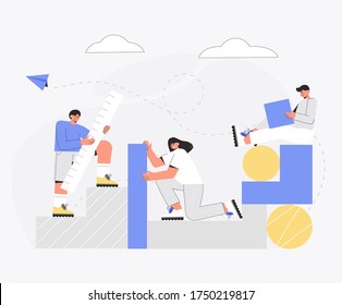 The business concept of team building and teamwork. A group of people create a startup project from abstract forms, a constructor. Flat vector illustration in modern style.