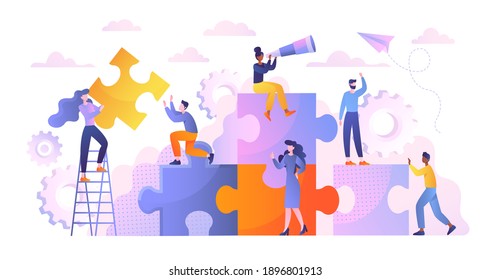 Business concept. Team metaphor. Diverse multiracial people connecting puzzle elements. Symbol of teamwork, cooperation, partnership. Flat cartoon vector illustration
