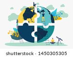 Business concept Team metaphor. People connecting puzzle elements in the form of a planet.