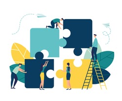 Business Concept. Team Metaphor. People Connecting Puzzle Elements. Vector Illustration Flat Design Style. Symbol Of Teamwork, Cooperation, Partnership.