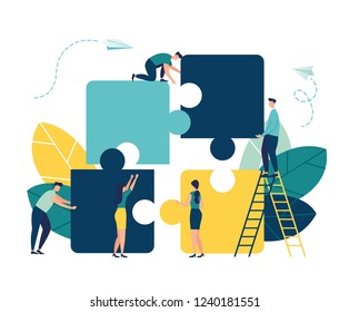 Business concept. Team metaphor. people connecting puzzle elements. Vector illustration flat design style. Symbol of teamwork, cooperation, partnership. - Shutterstock ID 1240181551
