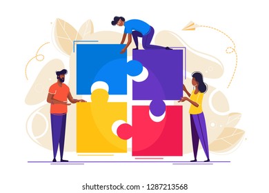 Business concept. Team metaphor. people connecting puzzle elements. Vector illustration flat design style. Symbol of teamwork, cooperation, partnership Startup employees. Goal thinking, infographic of
