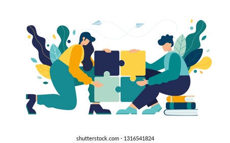 Business concept. Team metaphor. people connecting puzzle elements. Vector illustration flat design style. Symbol of teamwork, cooperation, partnership. - Vector 