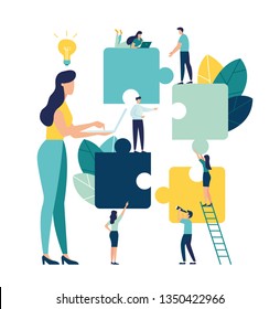 Business concept. Team metaphor. people connecting puzzle elements. Vector illustration flat design style. Symbol of teamwork, cooperation, partnership. - Vector 