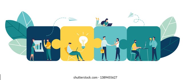 Business concept. Team metaphor. people connecting puzzle elements. Vector illustration flat design style. Symbol of teamwork, cooperation, partnership vector - Shutterstock ID 1389455627