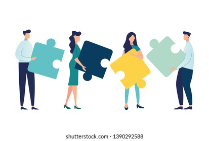 Business concept. Team metaphor. people connecting puzzle elements. Vector illustration flat design style. Symbol of teamwork, cooperation, partnership vector - Shutterstock ID 1390292588