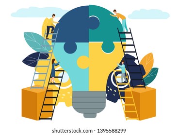 Business concept Team metaphor. People connecting puzzle elements. Vector illustration flat design style. Symbol of teamwork, cooperation, partnership. People combine ideas