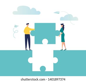 Business concept. Team metaphor. people connecting puzzle elements. Vector illustration flat design style. Symbol of teamwork, cooperation, partnership.