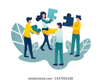 Business concept. Team metaphor. people connecting puzzle elements. Vector illustration flat design style. Symbol of teamwork, cooperation, partnership.