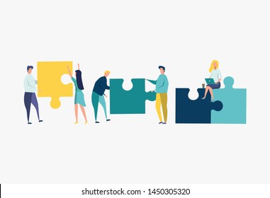 Business concept team metaphor. People connecting puzzle elements. colorful vector illustration. Businessmen build together a creative business team. Successful business project