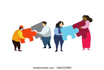 Business concept. Team metaphor. people connecting puzzle elements. Vector illustration flat design style. Symbol of teamwork, cooperation, partnership.
