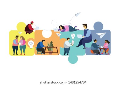 Business concept. Team metaphor. people connecting puzzle elements. Vector illustration flat design style. Symbol of teamwork, cooperation, partnership.
