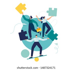 Business concept. Team metaphor. people are juggling puzzle elements. Vector illustration of a flat design style. Symbol of teamwork, cooperation, partnership.