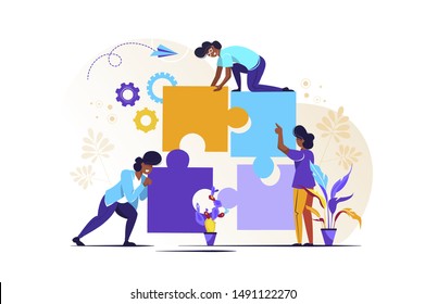 Business concept. Team metaphor. people connecting puzzle elements. Vector illustration flat design style. Symbol of teamwork, cooperation, partnership.