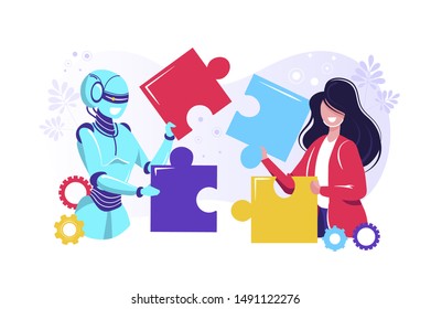 Business concept. Team metaphor. people connecting puzzle elements. Vector illustration flat design style. Symbol of teamwork, cooperation, partnership.