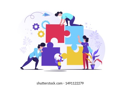 Business concept. Team metaphor. people connecting puzzle elements. Vector illustration flat design style. Symbol of teamwork, cooperation, partnership.