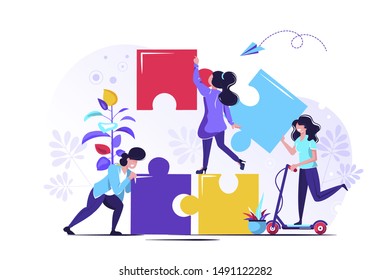 Business concept. Team metaphor. people connecting puzzle elements. Vector illustration flat design style. Symbol of teamwork, cooperation, partnership.