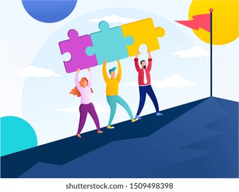 Business concept. Team metaphor. people connecting puzzle elements. Vector illustration flat Gradient design style. Symbol of teamwork, cooperation, partnership.