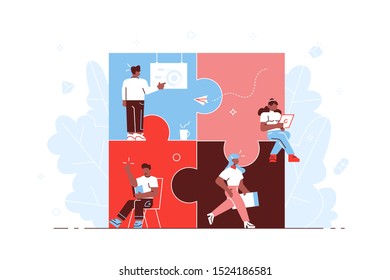Business concept. Team metaphor. people connecting puzzle elements. Vector illustration flat design style. Symbol of teamwork, cooperation, partnership for web page, social media, documents. Vector