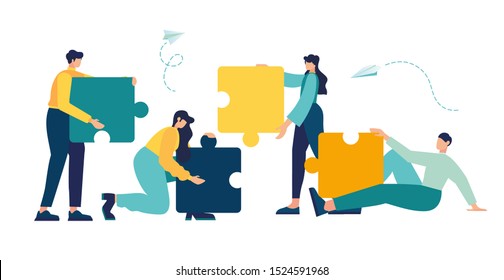 Business concept. Team metaphor. people connecting puzzle elements. Vector illustration flat design style. Symbol of teamwork, cooperation, partnership.