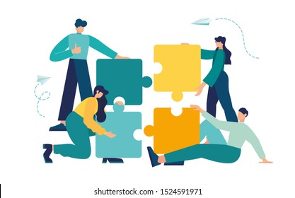 Business concept. Team metaphor. people connecting puzzle elements. Vector illustration flat design style. Symbol of teamwork, cooperation, partnership.