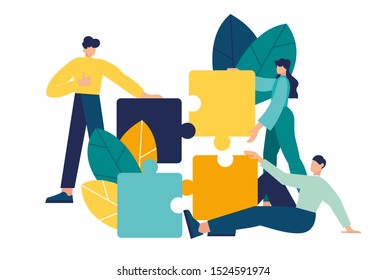 Business concept. Team metaphor. people connecting puzzle elements. Vector illustration flat design style. Symbol of teamwork, cooperation, partnership.