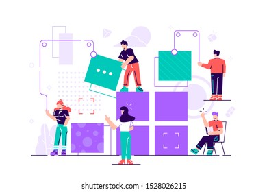 Business concept. Team metaphor. People connecting the elements of the columns. Symbol of teamwork, cooperation, partnership. Vector design. Flat style vector illustration for web page, social media.