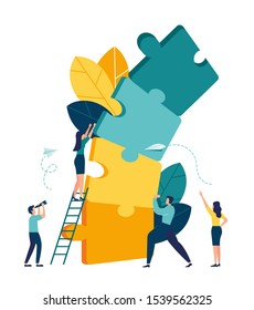 Business concept. Team metaphor. people connecting elements of a falling tower tower puzzle. Vector illustration of a flat design style.