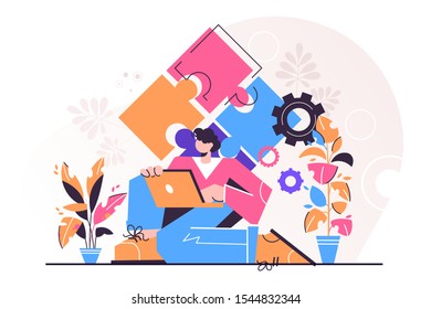Business concept. Team metaphor. people connecting puzzle elements. Vector illustration flat design style. Symbol of teamwork, cooperation, partnership.