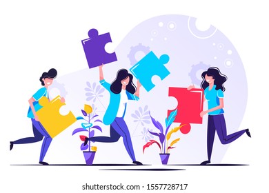 	
Business concept. Team metaphor. people connecting puzzle elements. Vector illustration flat design style. Symbol of teamwork, cooperation, partnership.