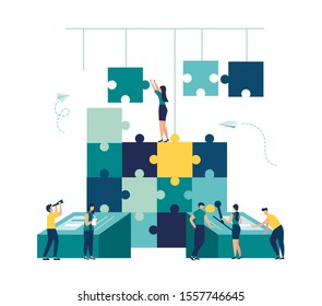 Business concept team metaphor. people connecting puzzle elements in the form of production. Vector illustration flat design style Symbol of teamwork, cooperation, partnership.