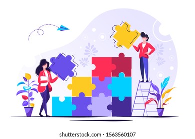 	
Business concept. Team metaphor. people connecting puzzle elements. Vector illustration flat design style. Symbol of teamwork, cooperation, partnership.