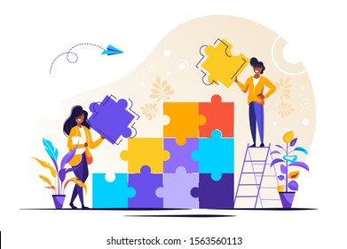 	
Business concept. Team metaphor. people connecting puzzle elements. Vector illustration flat design style. Symbol of teamwork, cooperation, partnership.