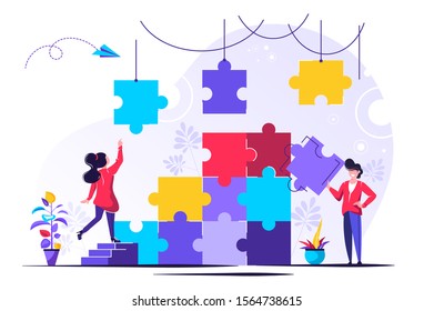 Business concept. Team metaphor. people connecting puzzle elements. Vector illustration flat design style. Symbol of teamwork, cooperation, partnership.