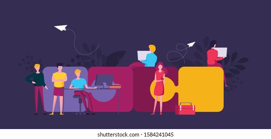 Business concept. Team metaphor. people connecting puzzle elements. Vector illustration flat design style. Symbol of teamwork, cooperation, partnership.