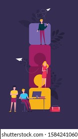 Business concept. Team metaphor. people connecting puzzle elements. Vector illustration flat design style. Symbol of teamwork, cooperation, partnership.