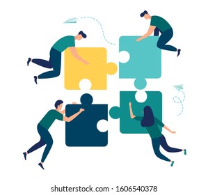 Business concept. Team metaphor. people connecting puzzle elements. Vector illustration flat design style. Symbol of teamwork, cooperation, partnership.