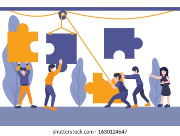 Business concept. Team metaphor. people connecting puzzle elements, man and woman workers think about creative solution, teamwork, cooperation, and partnership. Jigsaw puzzles elements, flat vector.
