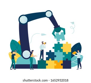 Business concept. Team metaphor. people connecting puzzle elements. Vector illustration flat design style. Symbol of teamwork, cooperation, partnership.