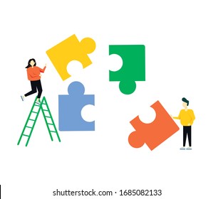 Business concept. Team metaphor. people connecting puzzle elements. Teamwork. Building a business concept. Integrated business development. Corporate work. Marketing development of the company.