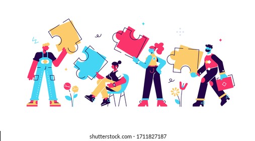 Business concept. Team metaphor. people connecting puzzle elements. Vector illustration flat design style. Symbol of teamwork, cooperation, partnership. Flat style modern design vector illustration 