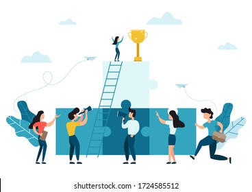 Business concept. Team metaphor. People working on their role with business woman cheering up by big gold trophy on the puzzle elements. Symbol of succes of teamwork, cooperation and partnership.