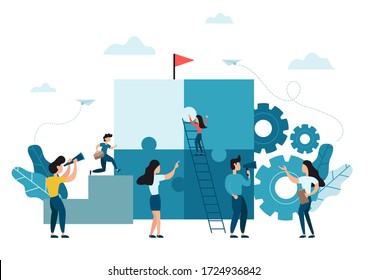 Business concept. Team metaphor. people connecting puzzle elements. Vector illustration flat design style. Symbol of teamwork, cooperation, partnership.