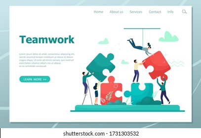 	
Business concept. Team metaphor. people connecting puzzle elements. Vector illustration flat design style. Teamwork, cooperation, partnership. team of men and women build a puzzle. Landing page