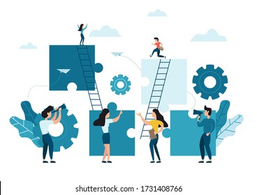 Business concept. Team metaphor. people connecting puzzle elements. Vector illustration flat design style. Symbol of teamwork, cooperation, partnership.