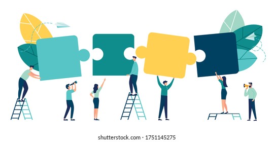 Geschäftskonzept. Teammetapher. Menschen, die Puzzleteile miteinander verbinden. Vektorgrafik-Flachdesign-Stil. Symbol der Teamarbeit, Zusammenarbeit, Partnerschaft.