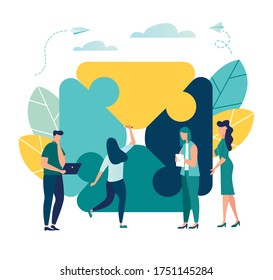 Business concept. Team metaphor. people connecting puzzle elements. Vector illustration flat design style. Symbol of teamwork, cooperation, partnership vector